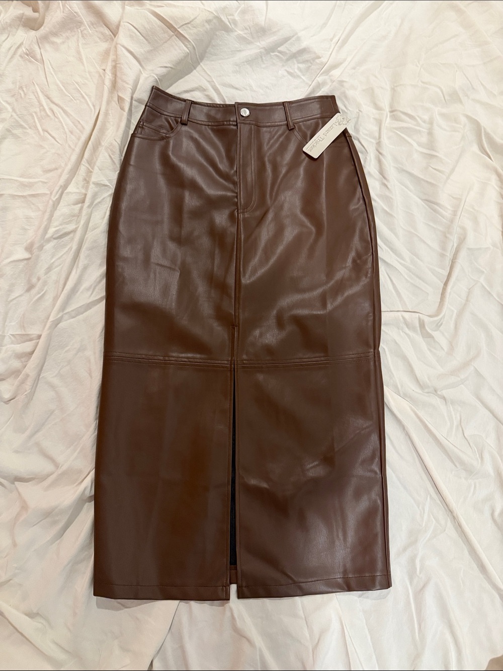 Anna Grace Faux Leather Midi Skirt in Chocolate Brown
